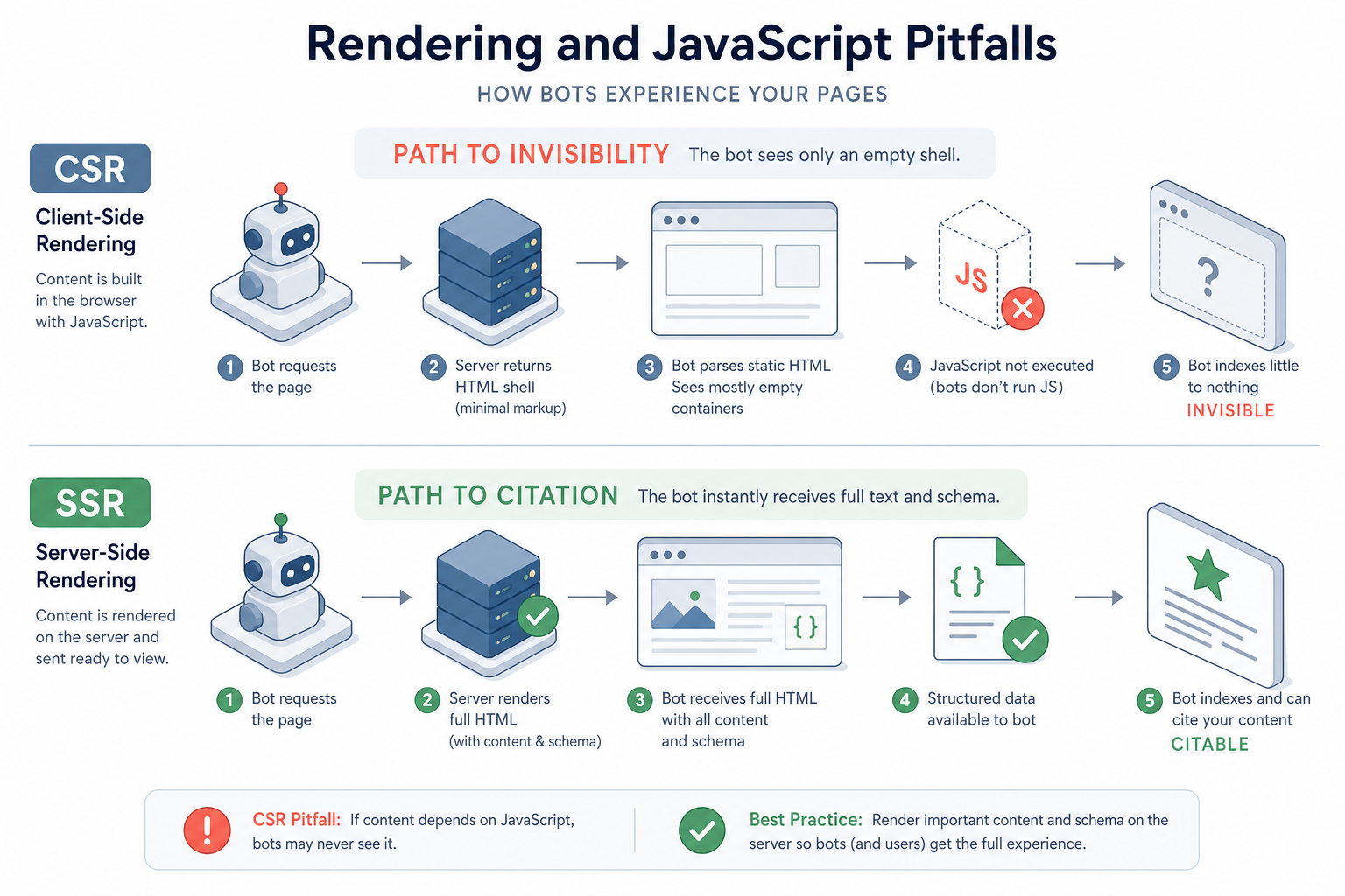 A workflow diagram showing the 'Path to Invisibility' for CSR where a bot sees only an empty shell, contrasted with the 'Path to Citation' for SSR where a bot instantly receives full text and schema.