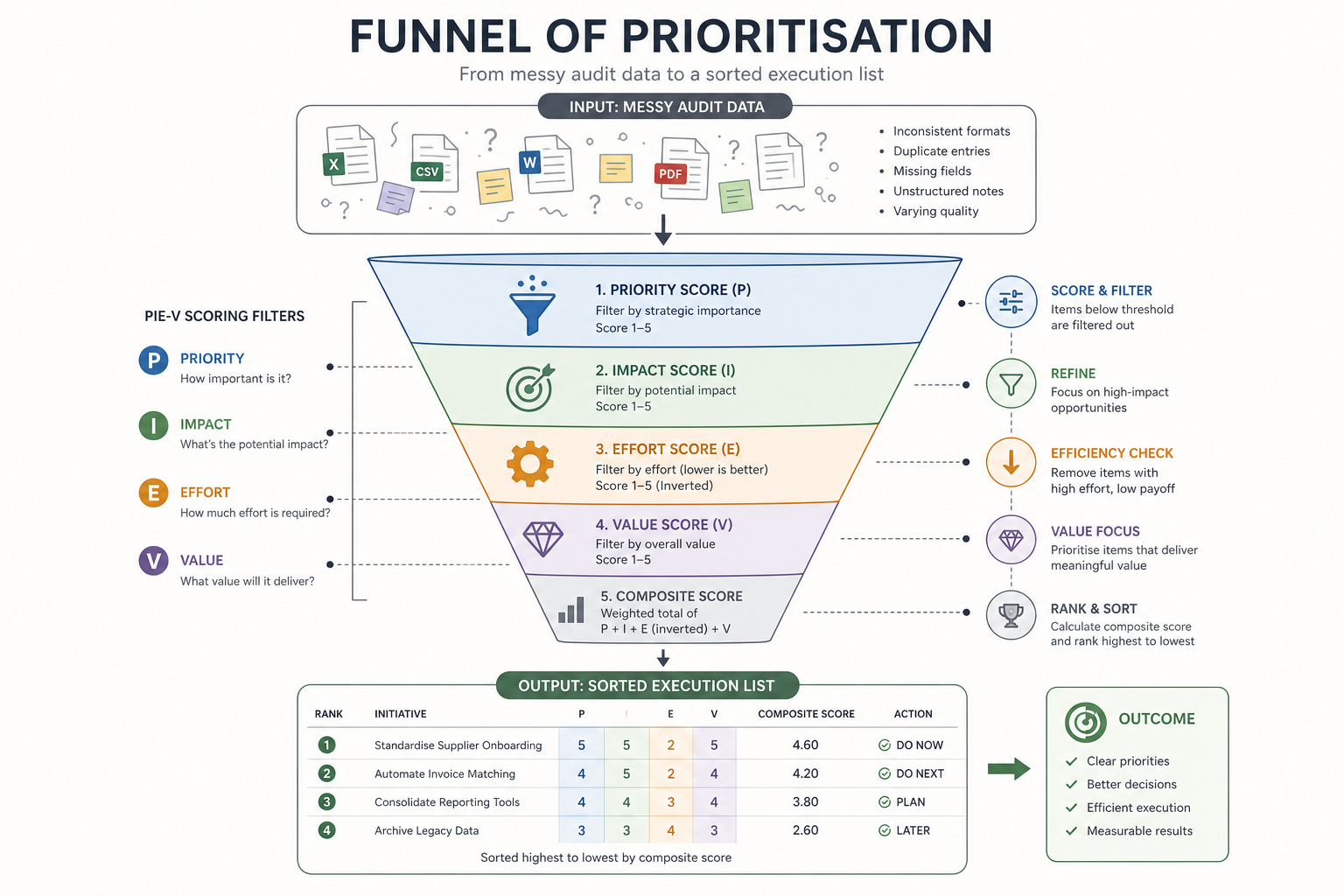 A flow chart showing a 'Funnel of Prioritisation' where messy audit data enters the top, passes through PIE-V scoring filters, and emerges as a sorted execution list.