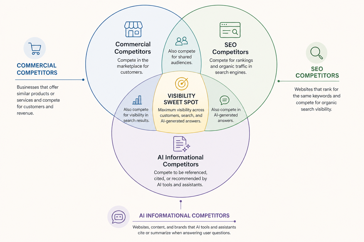 A Venn diagram showing the overlap between 'Commercial Competitors', 'SEO Competitors', and 'AI Informational Competitors', with the centre representing the ‘Visibility Sweet Spot’.